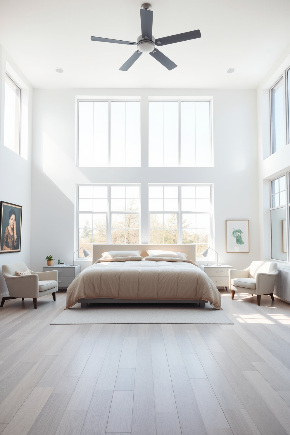 Bright and airy space with large windows allowing natural light to flood the room. The walls are painted in a soft white hue, complemented by light wood flooring that enhances the open feel. A king-sized bed with a plush, neutral-colored duvet sits centrally in the room. Flanking the bed are modern nightstands with sleek lamps, and a cozy reading nook is created by a stylish armchair by the window.