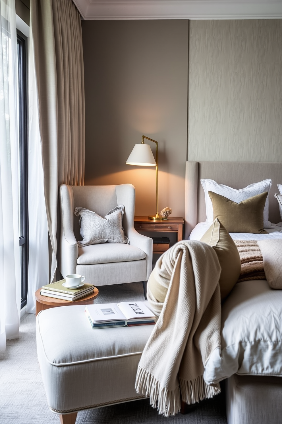 A cozy reading nook by the window features a plush armchair upholstered in soft fabric with a warm throw blanket draped over the side. A small wooden side table holds a steaming cup of tea and a stack of books, while natural light pours in through sheer curtains. The townhouse bedroom design incorporates a calming color palette with soft blues and whites. A large upholstered bed with decorative pillows sits against a feature wall adorned with subtle wallpaper, complemented by elegant bedside lamps on each side.