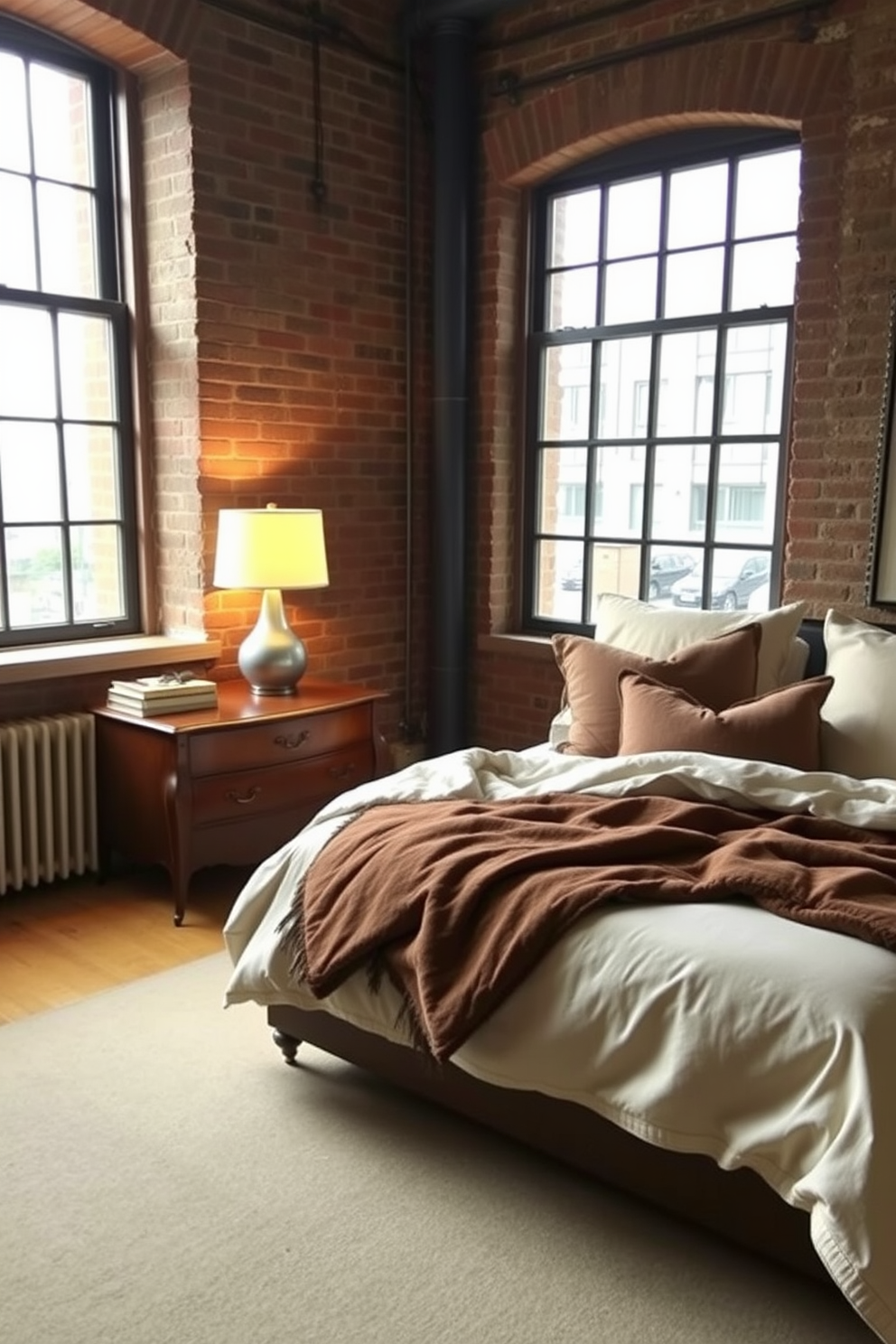 A cozy townhouse bedroom featuring exposed brick walls that add a rustic charm. The space is furnished with a plush king-sized bed dressed in soft linens and accented with oversized pillows. A vintage wooden nightstand sits on one side of the bed, topped with a sleek lamp and a stack of books. Large windows allow natural light to flood the room, highlighting the warm tones of the decor.