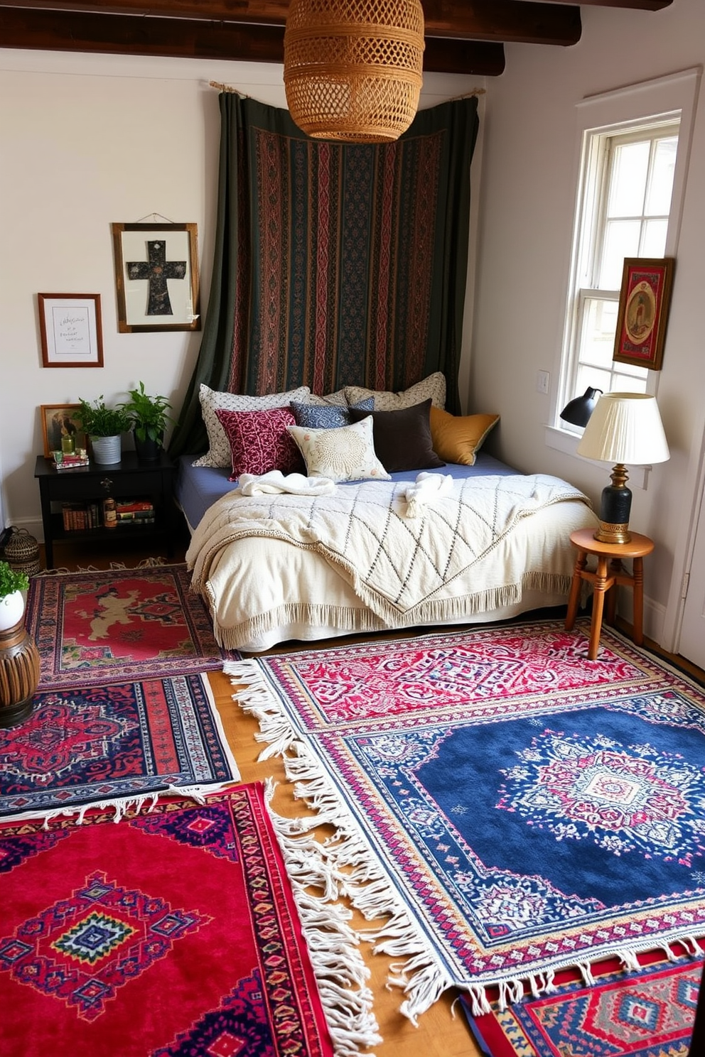 A cozy townhouse bedroom featuring bohemian flair with layered rugs in vibrant colors and various textures scattered across the floor. Plush cushions in different patterns and sizes adorn the bed and seating area, creating an inviting and relaxed atmosphere.