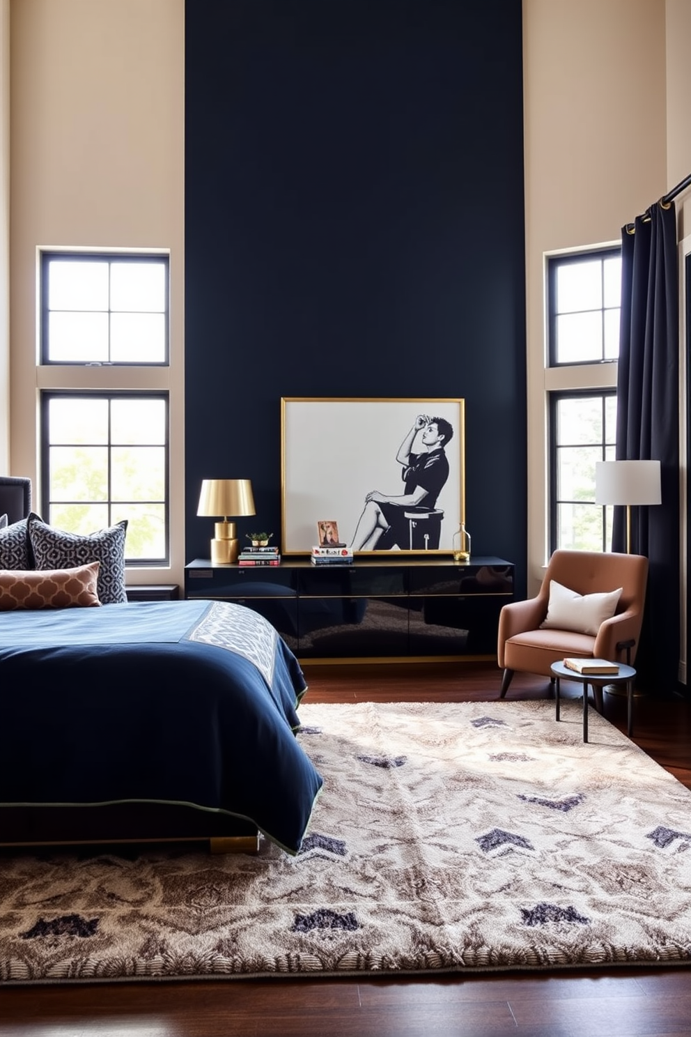 A stylish townhouse bedroom featuring sophisticated color blocking with a deep navy accent wall contrasting against soft cream-colored walls. The bed is dressed in luxurious linens with a mix of bold geometric patterns and solid colors, complemented by elegant gold accents throughout the space. A plush area rug anchors the room, showcasing a harmonious blend of colors that tie the design together. Large windows allow natural light to flood in, highlighting a cozy reading nook with a modern chair and a small side table adorned with decorative books and a stylish lamp.