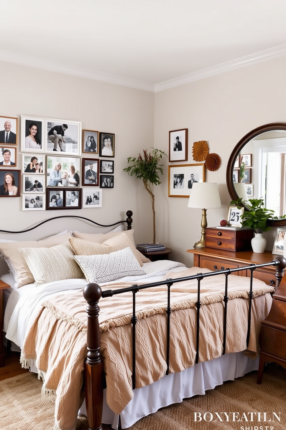 A cozy townhouse bedroom featuring personalized decor with family photos displayed on a gallery wall. The bed is adorned with plush bedding in soft neutral tones, and a vintage dresser complements the warm wooden accents throughout the space.