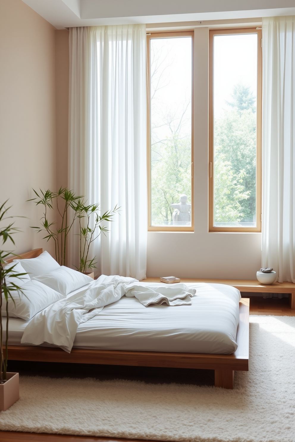 Zen inspired design for a calming retreat. The bedroom features a low platform bed with a natural wood finish and soft white linens. Bamboo plants are placed in the corners, creating a serene atmosphere. A large window allows natural light to flood the space, framed by sheer curtains. The walls are painted in a soft beige, enhancing the tranquility of the room. A minimalist bedside table holds a small water feature, adding to the calming ambiance. Soft, neutral tones are used in the decor, with a plush area rug underfoot. The overall design promotes relaxation and mindfulness, perfect for a peaceful escape.