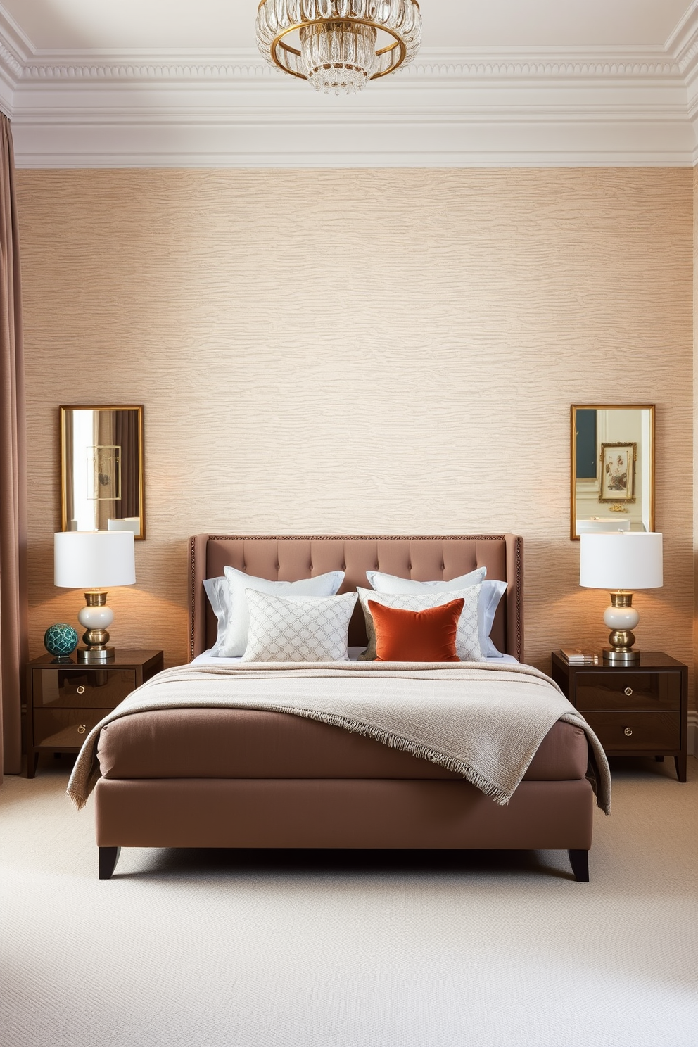 A cozy townhouse bedroom featuring textured wallpaper in soft neutral tones that adds depth to the space. The room includes a plush upholstered bed with layered bedding and decorative pillows, complemented by stylish bedside tables with elegant lamps.