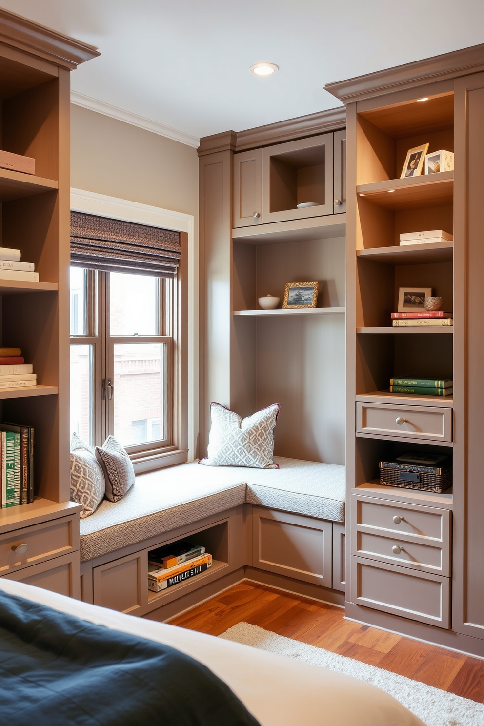 A cozy townhouse bedroom featuring personalized photo displays that capture cherished memories. The walls are adorned with a gallery of framed photographs in various sizes, creating a warm and inviting atmosphere. The bed is dressed in soft linens with a mix of textures, complemented by decorative pillows that add a pop of color. A stylish bedside table holds a small lamp and a few treasured books, enhancing the room's comfort and charm.