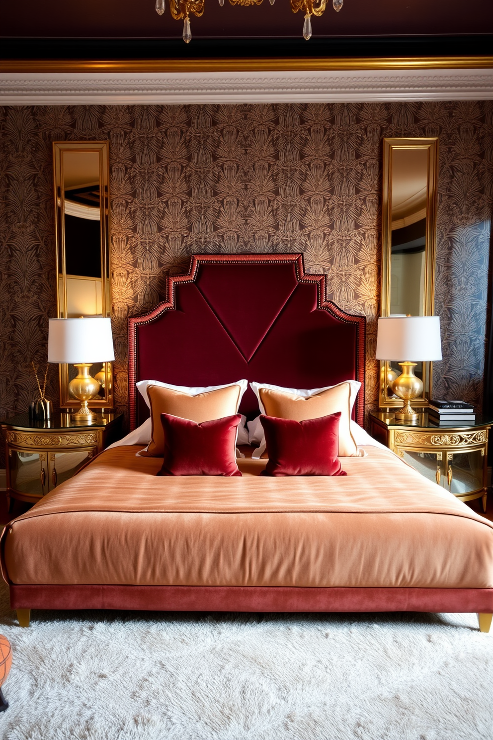 A luxurious townhouse bedroom with art deco influences. The room features a plush velvet bed with a geometric headboard, complemented by rich gold accents throughout the decor. On either side of the bed, elegant nightstands with intricate detailing hold stylish lamps. The walls are adorned with bold, patterned wallpaper, while the floor is covered with a soft area rug in a contrasting color.