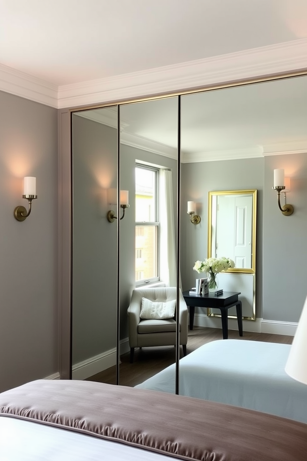 A stylish townhouse bedroom featuring a large floor-to-ceiling mirror that reflects natural light from the window. The walls are painted in a soft gray, and a plush bed with a tufted headboard sits against the mirrored wall, creating an illusion of space. Decorative wall sconces flank the mirror, casting a warm glow in the evening. A cozy reading nook with a comfortable armchair and a small side table is positioned near the window, inviting relaxation.