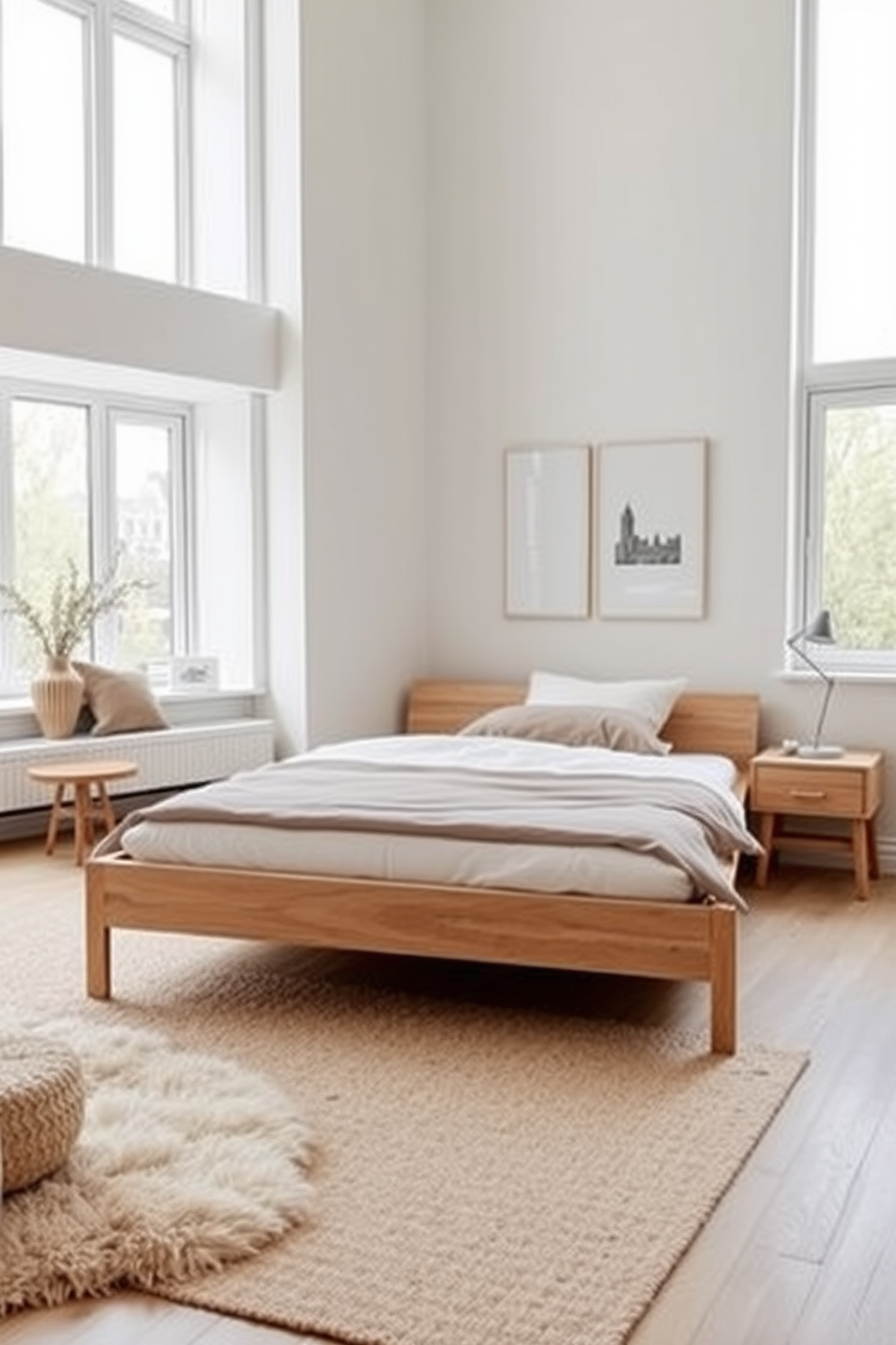 A cozy townhouse bedroom featuring layered bedding that adds a touch of elegance and comfort. The bed is adorned with plush pillows and a soft throw blanket in complementary colors, creating a warm and inviting atmosphere. Natural light floods the room through large windows dressed with sheer curtains. A stylish bedside table holds a modern lamp and a stack of books, enhancing the room's charm and functionality.