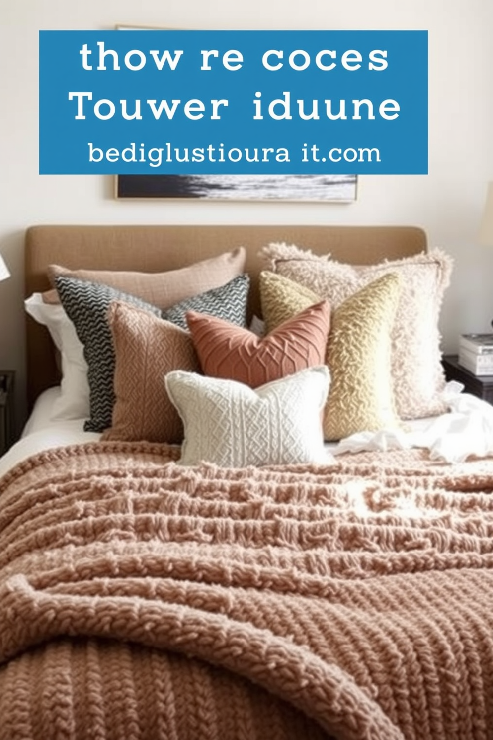 A cozy townhouse bedroom featuring layered textiles that create warmth and comfort. The bed is adorned with plush blankets and an assortment of decorative pillows in various textures and colors.