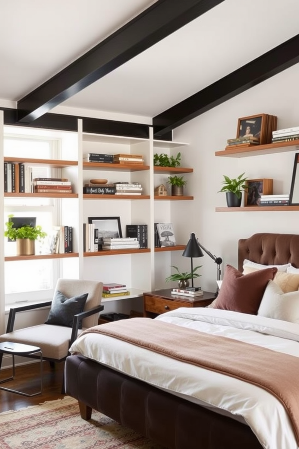 Open shelving creates a chic and functional storage solution in a townhouse bedroom. The shelves are filled with neatly arranged books, decorative boxes, and plants, adding a touch of personality to the space. The bed features a plush headboard and is dressed in soft, neutral linens. A cozy reading nook is positioned by the window, complete with a stylish armchair and a small side table.