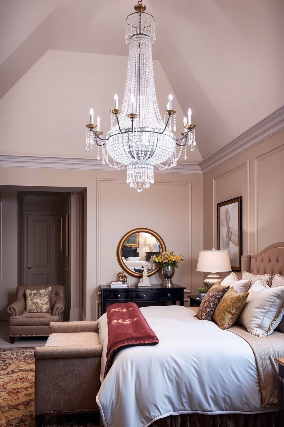 A stylish townhouse bedroom featuring mirrored furniture that reflects light and creates an illusion of spaciousness. The bed is adorned with plush bedding and flanked by mirrored nightstands, adding a touch of glamour to the room. Soft ambient lighting enhances the cozy atmosphere, while a large mirror is mounted on the wall opposite the bed to further amplify the sense of space. A chic area rug anchors the room, complementing the elegant design and providing comfort underfoot.