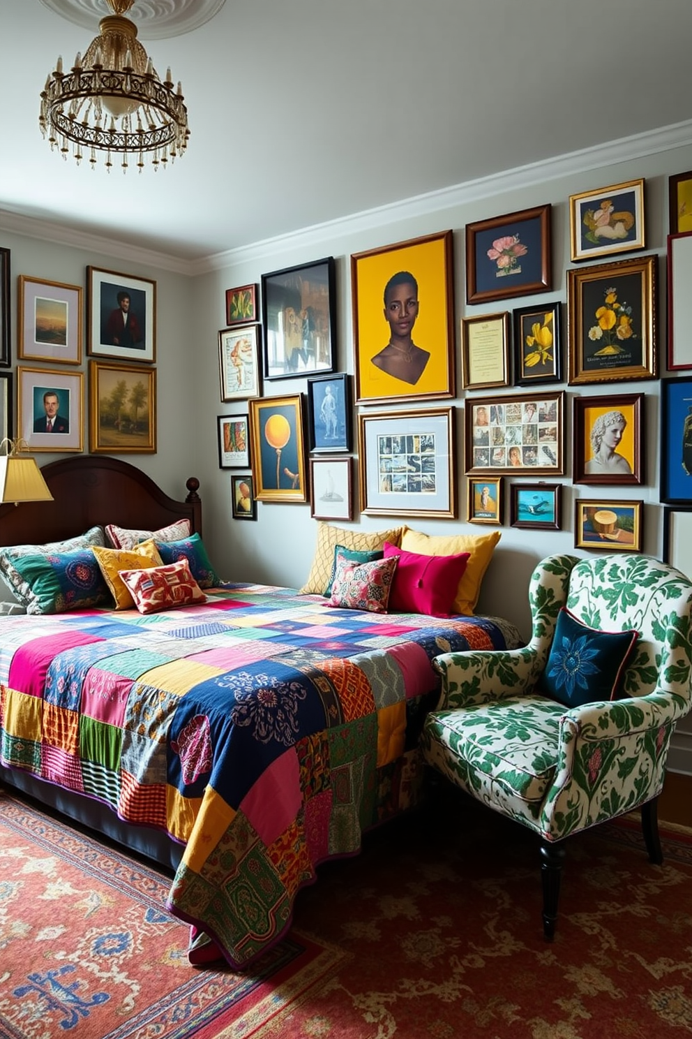 An eclectic townhouse bedroom featuring a vibrant mix of patterns and textures. The bed is dressed in a patchwork quilt with bold colors and intricate designs, complemented by an array of decorative pillows in various fabrics. The walls are adorned with a gallery of framed art, showcasing diverse styles and colors. A vintage armchair in a floral print sits in one corner, paired with a geometric patterned rug that adds warmth to the space.