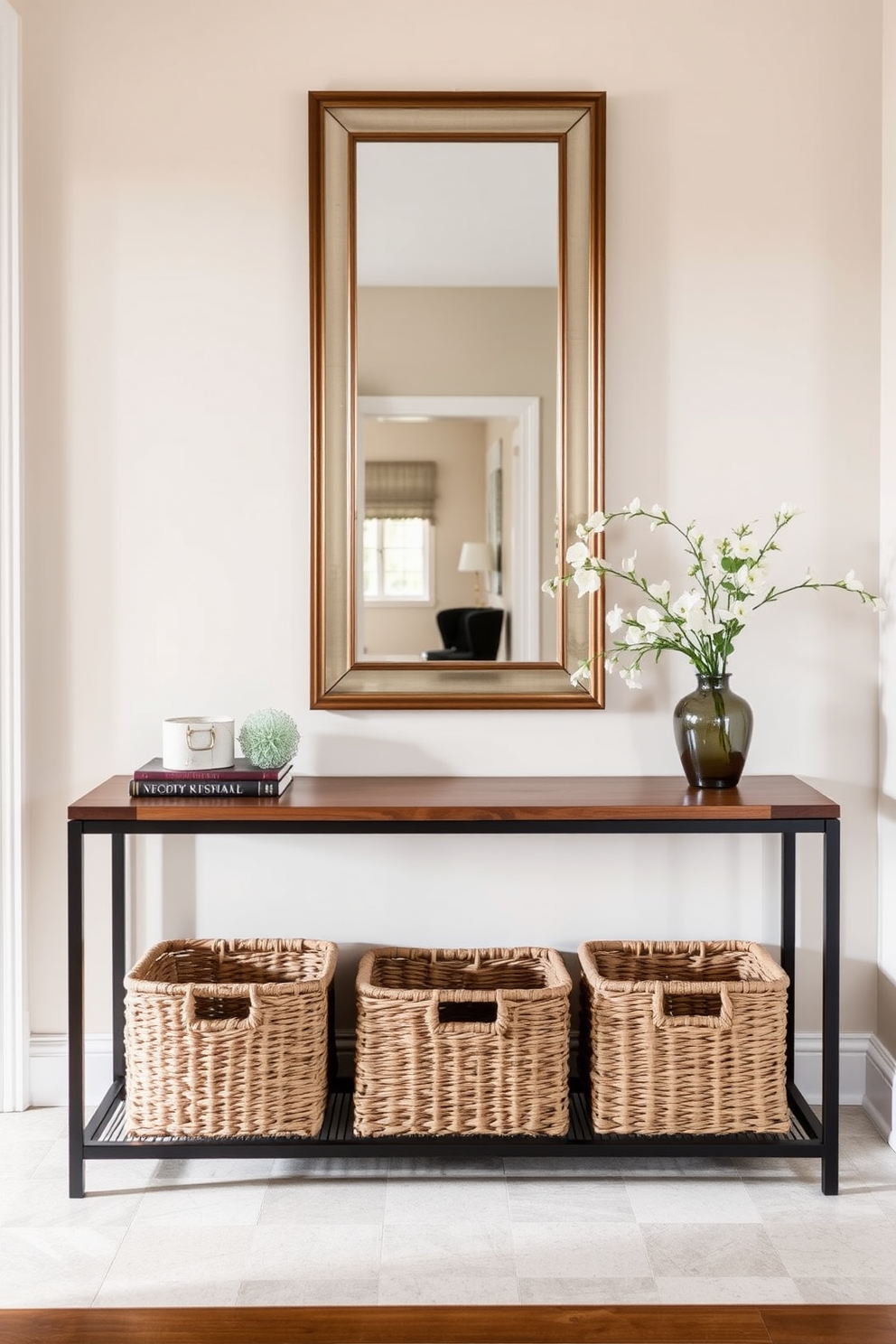 A stylish console table with clean lines and a rich wood finish is positioned against the wall in the townhouse entryway. Beneath the table, there are decorative storage baskets that provide both functionality and aesthetic appeal. The walls are adorned with a soft neutral paint, creating a warm and inviting atmosphere. A statement mirror hangs above the console table, enhancing the sense of space and reflecting natural light.