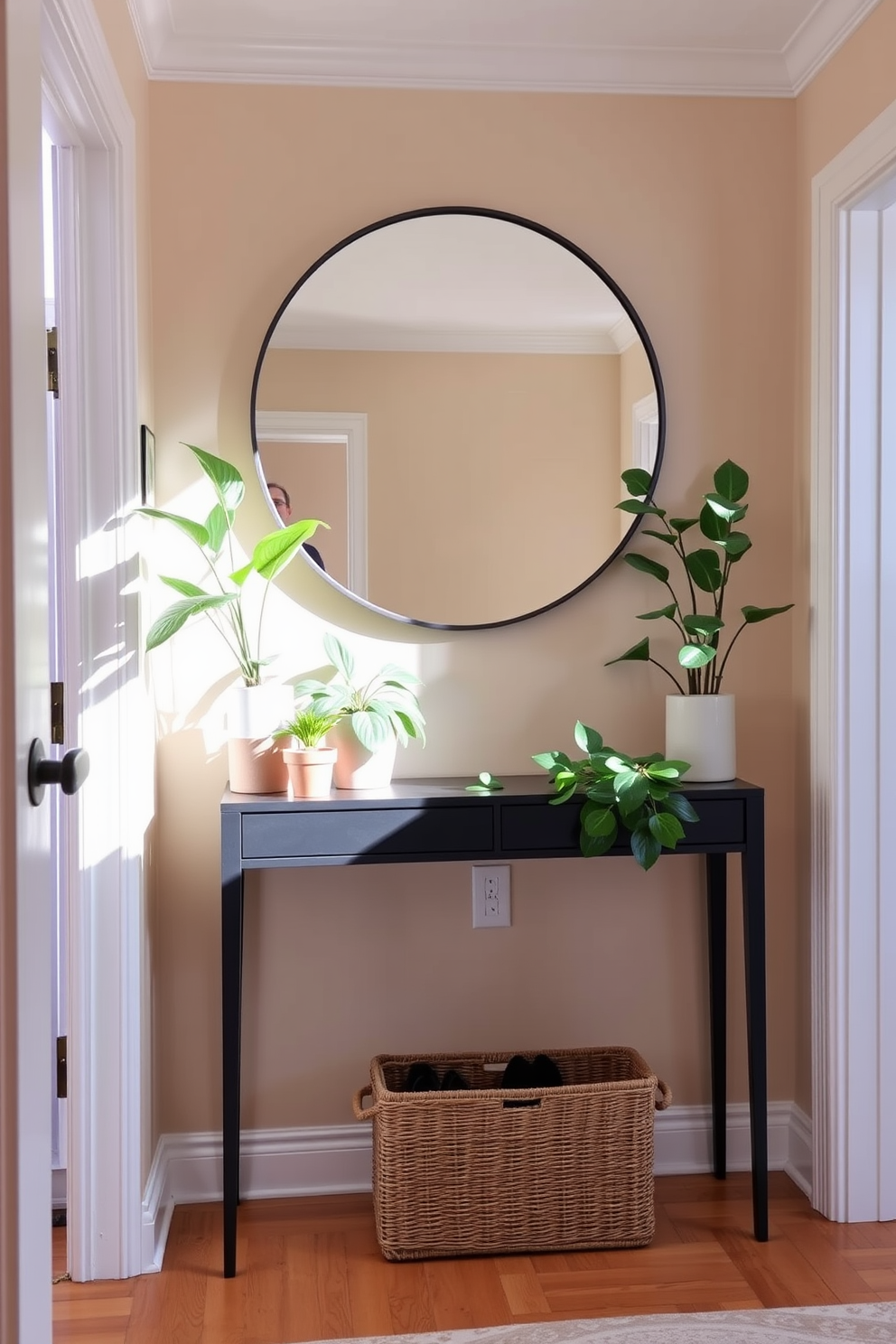 A warm and inviting townhouse entryway features a stylish console table against the wall with a large round mirror above it. Lush green plants in decorative pots are placed on the table and in the corners, creating a fresh and vibrant atmosphere. The walls are painted in a soft beige tone, enhancing the natural light that floods the space. A woven basket sits at the base of the console table, adding a touch of texture and functionality for storing shoes or accessories.