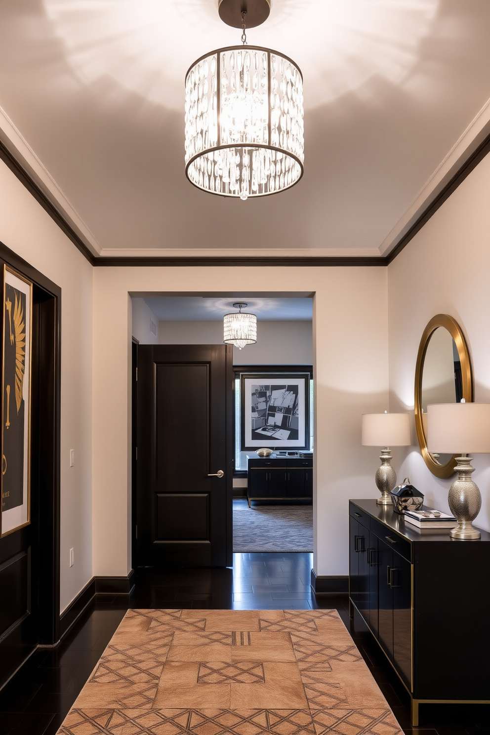 A stunning townhouse entryway features a statement light fixture that serves as the focal point, casting a warm glow over the space. The walls are adorned with elegant artwork, and a sleek console table rests against one side, displaying decorative items and a stylish mirror above it.