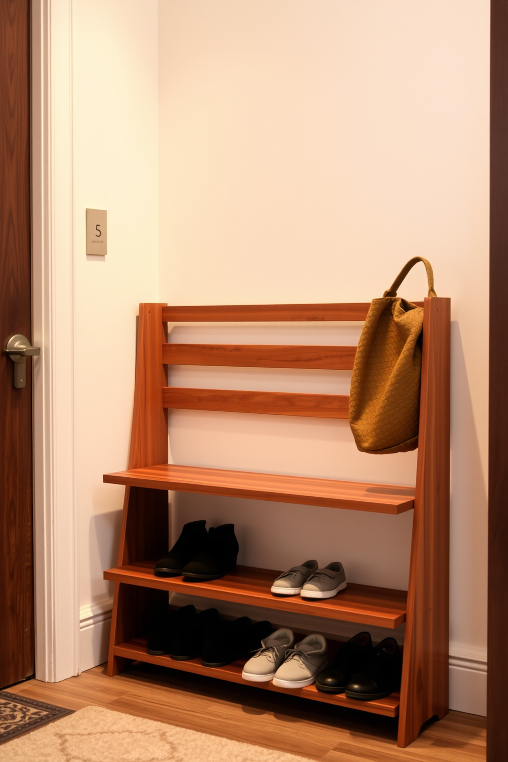 A sleek shoe rack made of polished wood is positioned against the wall, providing ample storage for footwear while maintaining a tidy appearance. The entryway features a minimalist design with warm lighting and a neutral color palette to create an inviting atmosphere.