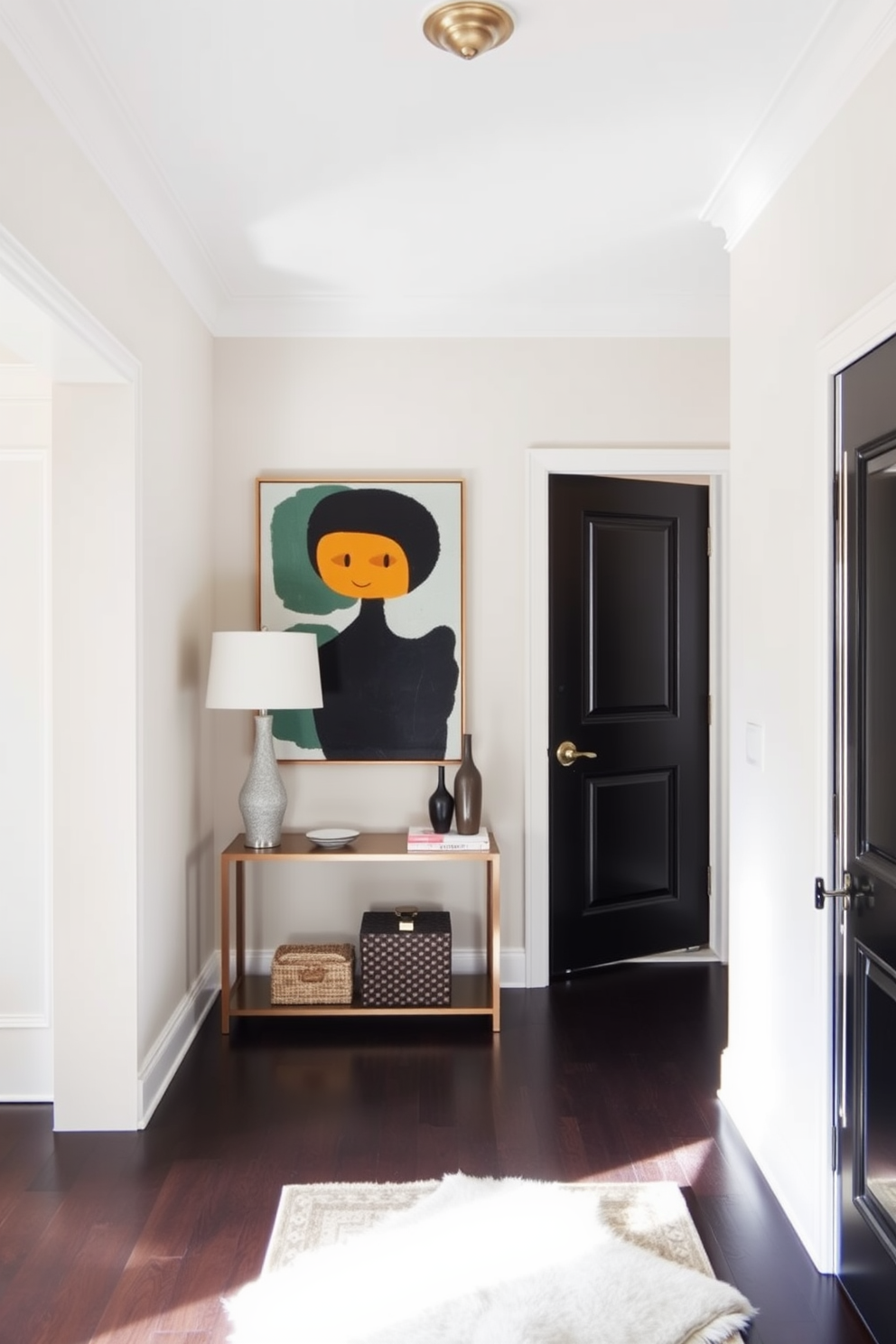 A stunning townhouse entryway that showcases personal style. The space features a statement art piece that captures the homeowner's unique taste, complemented by a sleek console table and a stylish mirror. The walls are adorned with a soft, neutral paint color to create an inviting atmosphere. A chic area rug lies beneath, adding warmth and texture to the entryway while enhancing the overall aesthetic.