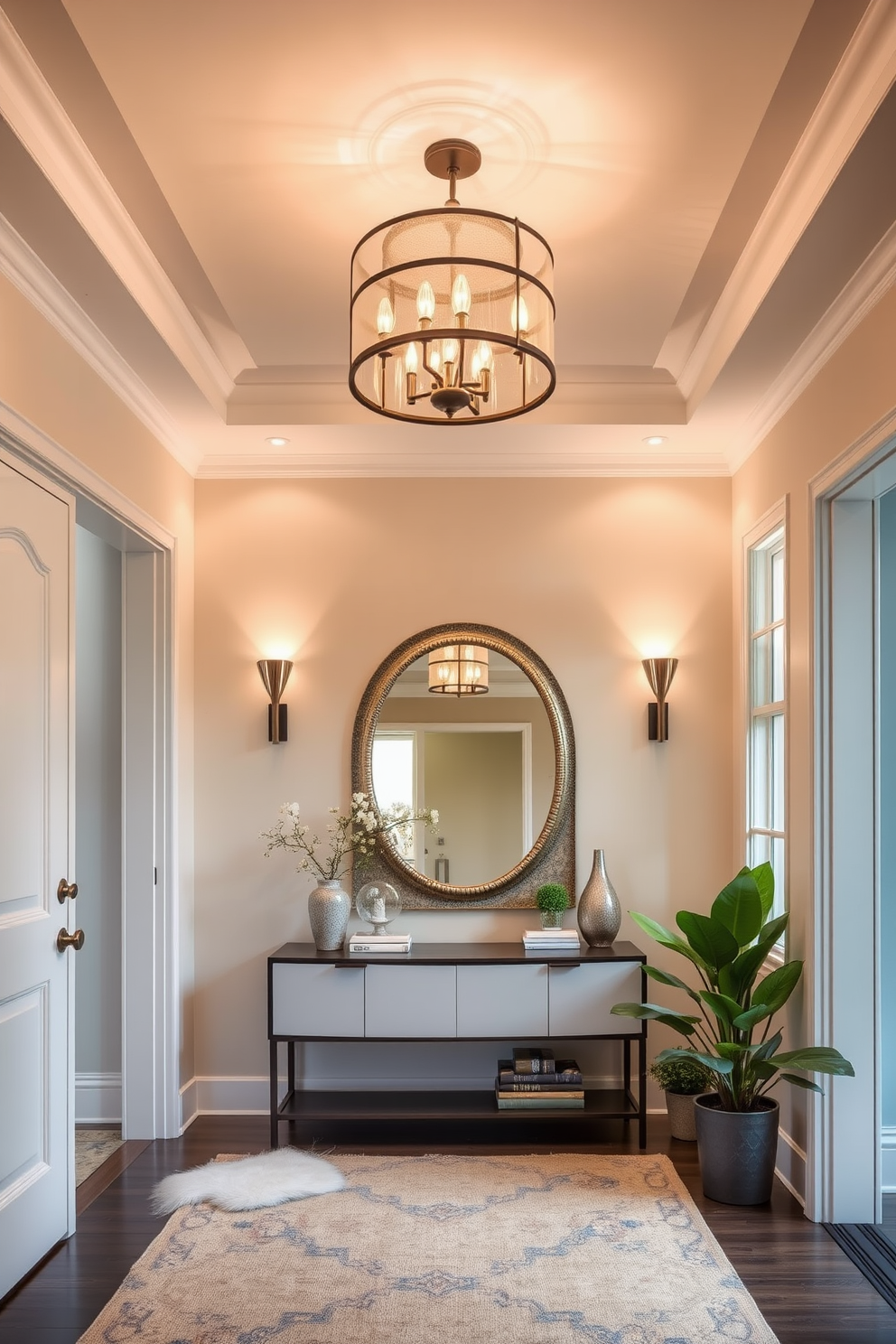 Layered lighting creates a warm and inviting atmosphere in the townhouse entryway. A combination of recessed ceiling lights, a stylish pendant fixture, and wall sconces enhances the space while providing functional illumination. The entryway features a sleek console table with decorative elements and a statement mirror above it. Soft area rugs and potted plants add texture and life, complementing the overall design aesthetic.