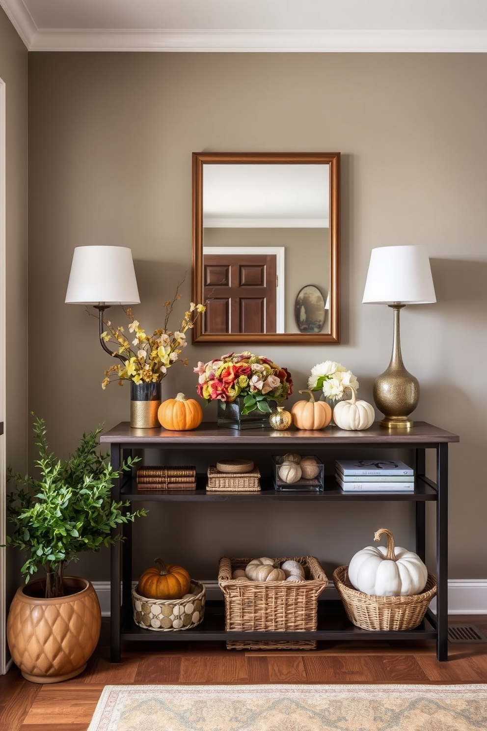 Create a warm and inviting townhouse entryway that reflects the changing seasons. Incorporate a console table adorned with seasonal decorations such as pumpkins in the fall or fresh flowers in the spring. Use a muted color palette for the walls to create a cozy atmosphere. Add a statement mirror above the console table to enhance the space and reflect natural light.