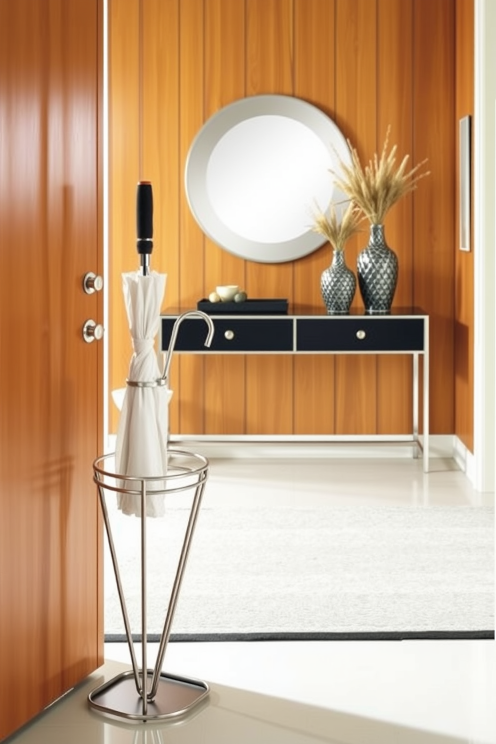 A functional umbrella stand is positioned near the door, crafted from sleek metal with a minimalist design. The entryway features warm wood paneling, complemented by a stylish console table adorned with decorative accents and a mirror above.