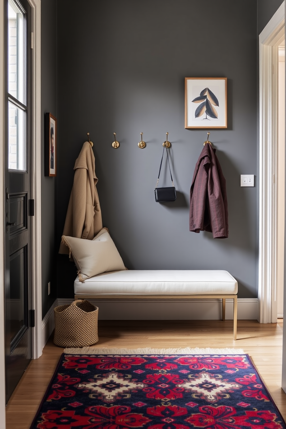 A stylish townhouse entryway featuring wall-mounted coat hooks for easy access. The space is adorned with a sleek bench for seating, complemented by a vibrant area rug that adds warmth to the entrance.