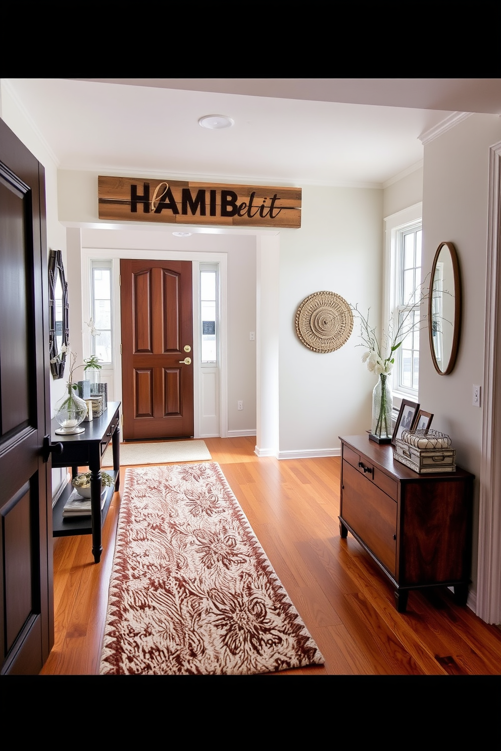 A personalized name sign welcomes guests in a stylish townhouse entryway. The sign is crafted from reclaimed wood and features elegant lettering, adding a unique touch to the space. The entryway is adorned with a console table that showcases decorative items and family photos. A plush runner rug in warm tones complements the hardwood floor, creating an inviting atmosphere.