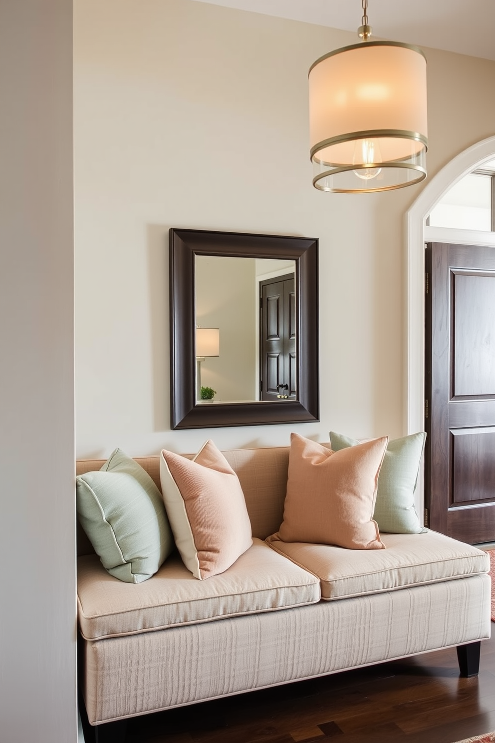 Cushioned seating creates a welcoming atmosphere in the townhouse entryway. A stylish bench with plush cushions is positioned against the wall, complemented by decorative pillows in coordinating colors. The entryway features a statement light fixture that casts a warm glow over the space. A large mirror hangs above the bench, enhancing the sense of openness and reflecting natural light.