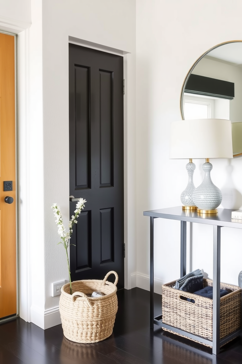 A charming entryway featuring a personalized welcome mat that greets guests with warmth. The space is adorned with a stylish console table, complemented by a decorative mirror above it, and a cozy bench for seating.