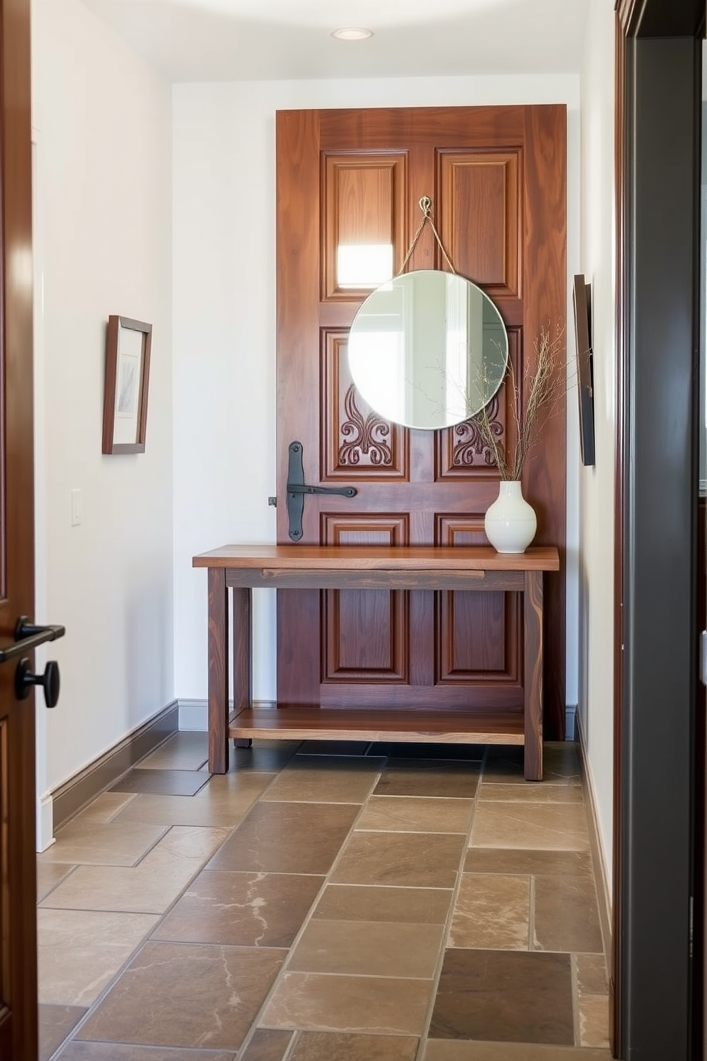 A welcoming townhouse entryway features a large wooden door with intricate carvings. The floor is adorned with natural stone tiles that add a rustic charm. A stylish console table made of reclaimed wood stands against one wall. Above it, a round mirror reflects the soft light from a nearby window, enhancing the warm atmosphere.