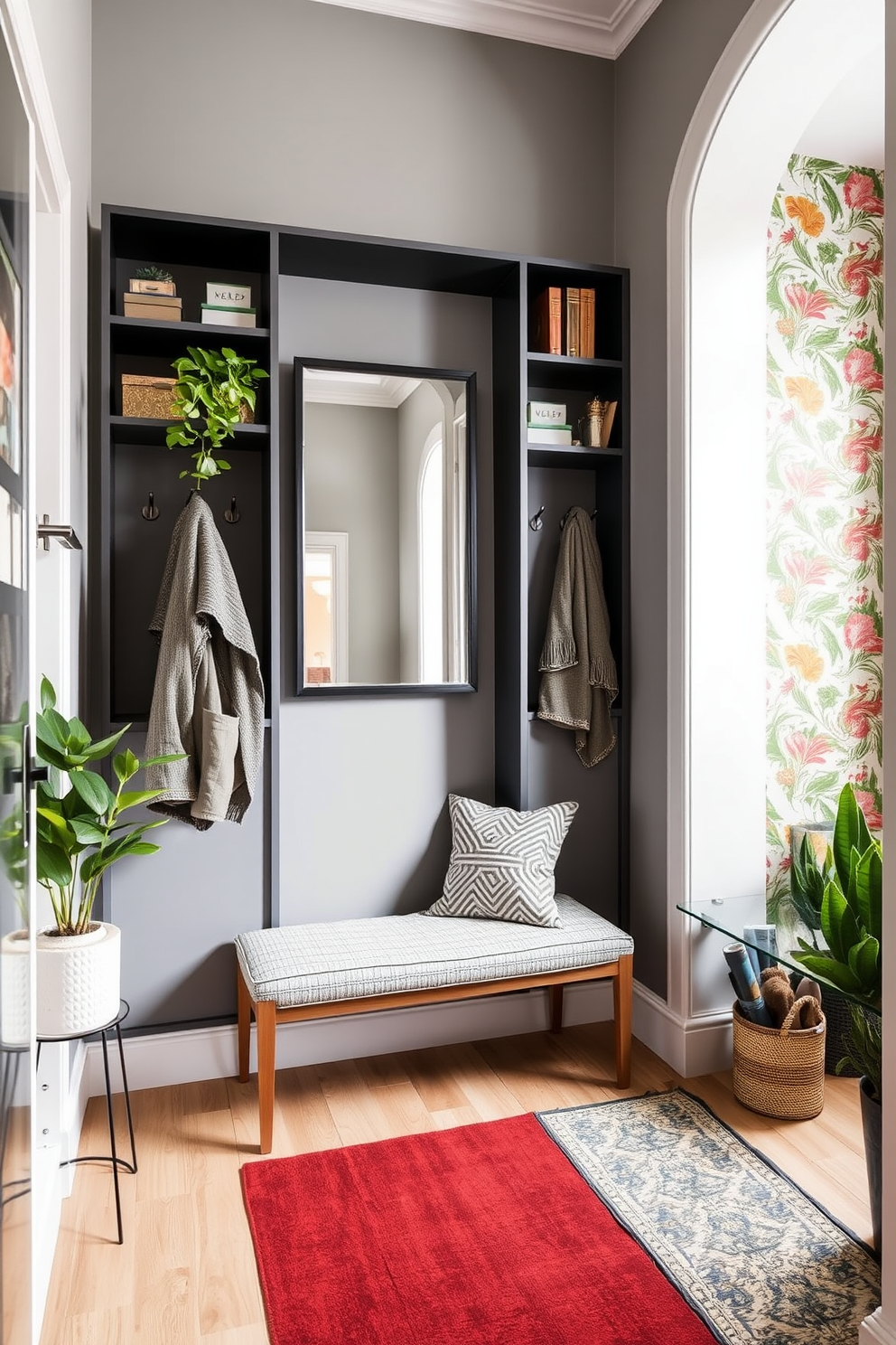 Vertical storage solutions to maximize space. Imagine a sleek entryway with built-in shelving that reaches up to the ceiling, showcasing decorative boxes and plants. The walls are painted in a soft gray, creating a calming backdrop. A narrow console table sits below a large mirror, reflecting natural light and making the space feel more open. Townhouse entryway design ideas. Visualize a warm and inviting entryway with a bench for seating and hooks for coats, all framed by a vibrant wallpaper that adds character. A stylish area rug anchors the space, while potted plants bring a touch of greenery to the design.