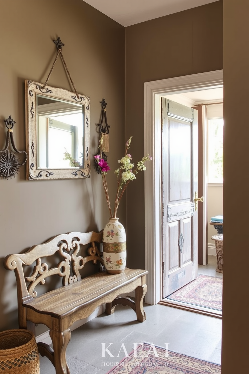 Artisan crafted items adorn the entryway of a charming townhouse. A unique wooden bench with intricate carvings sits against the wall, complemented by a handcrafted ceramic vase filled with fresh flowers. The walls are painted in a warm taupe hue, creating an inviting atmosphere. A vintage mirror with a distressed finish reflects the natural light streaming in from the nearby window.