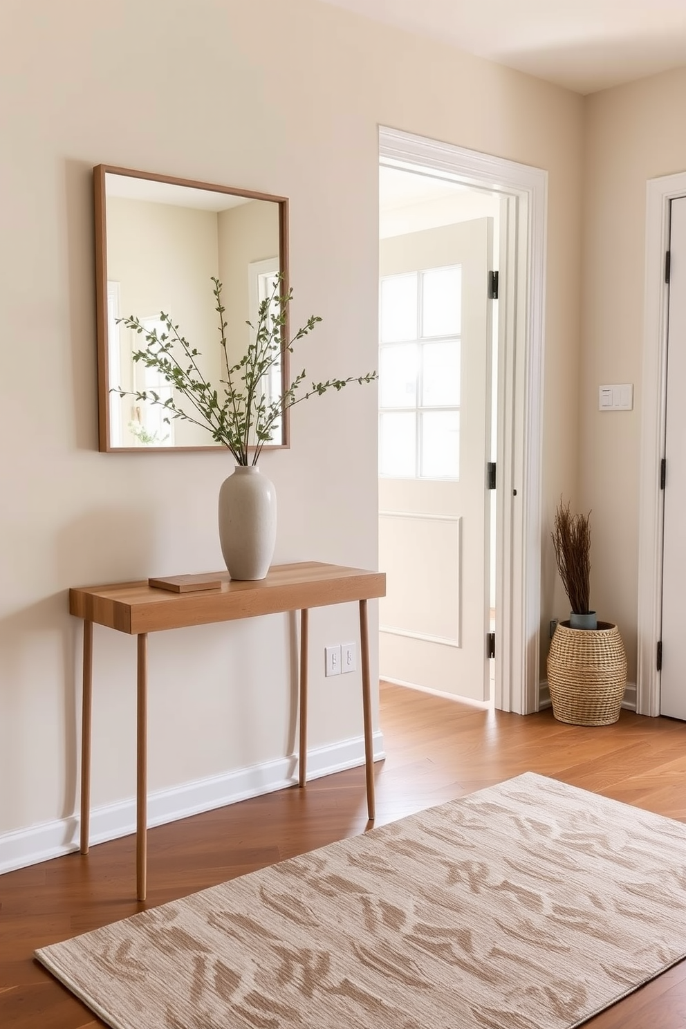 A serene townhouse entryway featuring a neutral color palette that promotes a calming effect. The walls are painted in soft beige, complemented by a light wood console table adorned with a simple vase of greenery. A plush area rug in muted tones lies beneath, adding warmth to the space. A large mirror with a minimalist frame reflects natural light, enhancing the inviting atmosphere.