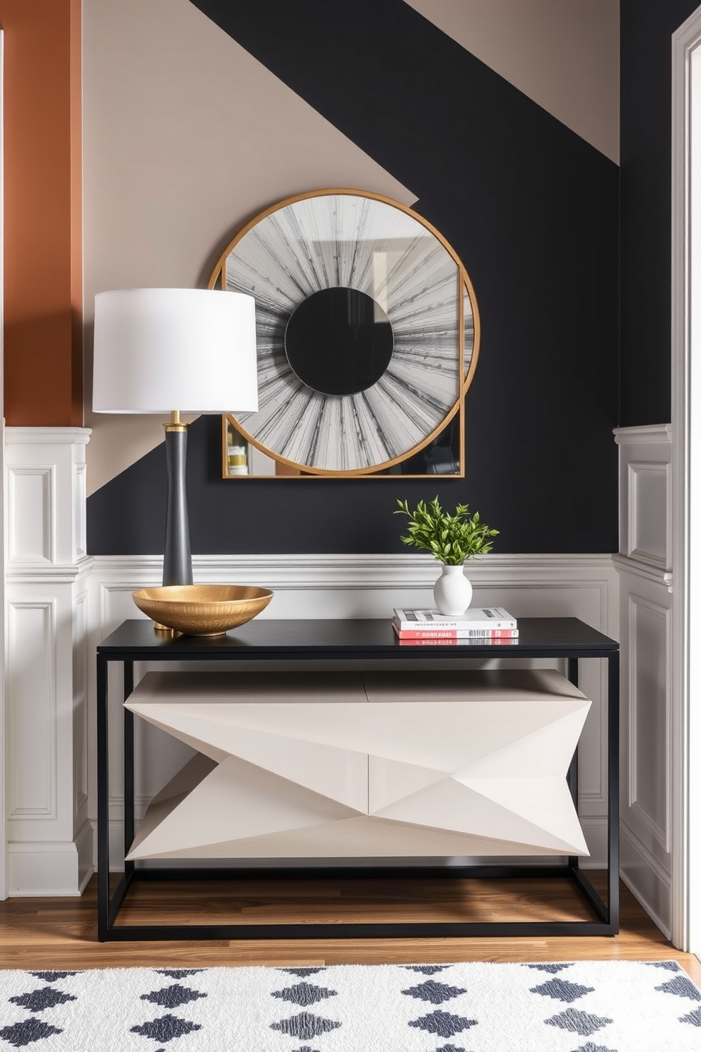 A stylish townhouse entryway features a sleek console table with a geometric design, topped with a decorative bowl and a small potted plant. The walls are adorned with a bold geometric wallpaper in contrasting colors, while a chic rug with a modern pattern lies underfoot.