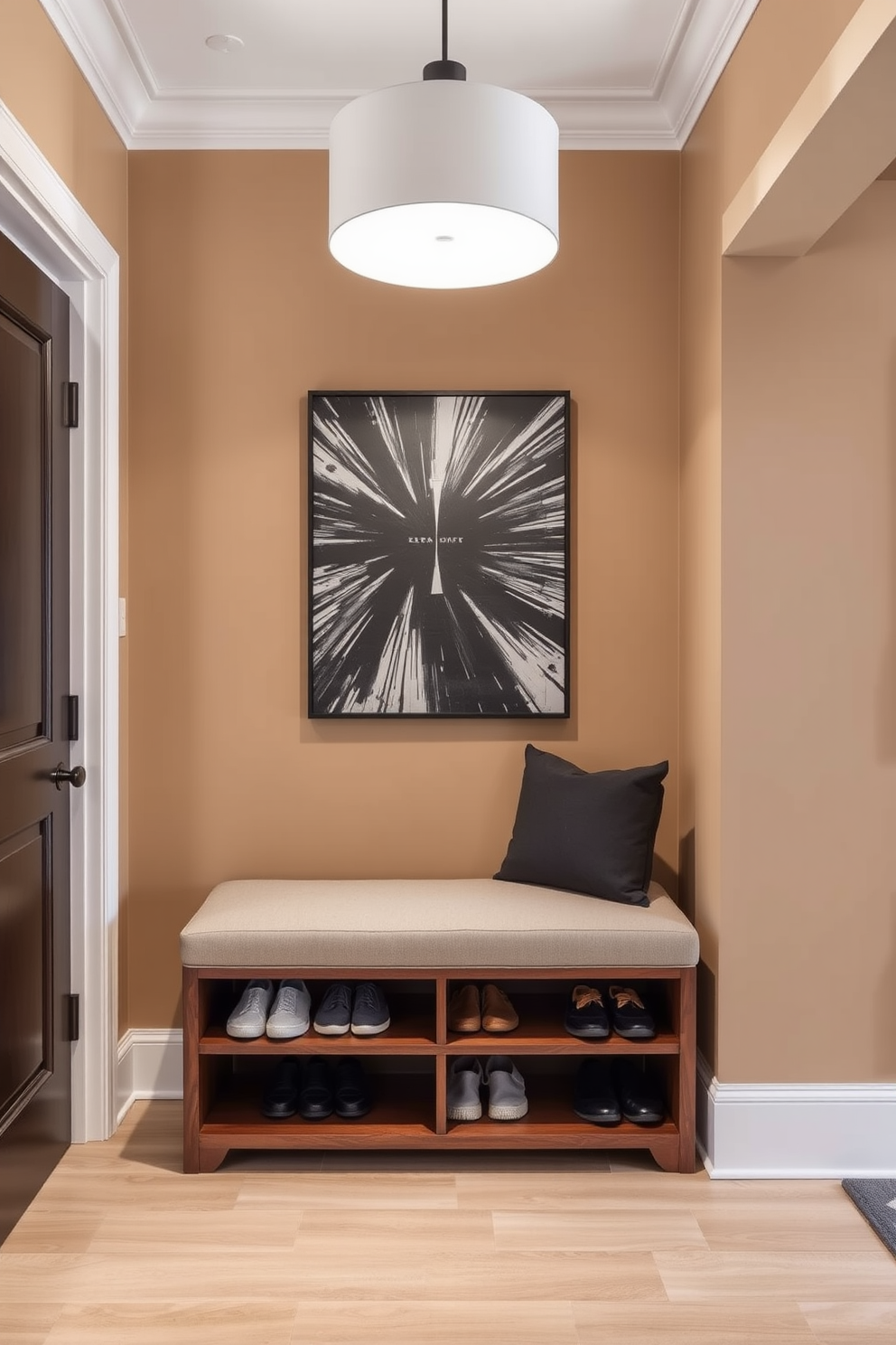 Warm lighting fixtures create a cozy ambiance in the entryway of a townhouse. The space features a stylish console table against the wall, adorned with a decorative mirror and fresh flowers. Soft pendant lights hang from the ceiling, casting a gentle glow over the area. A plush area rug lies underfoot, inviting guests to step inside and feel at home.