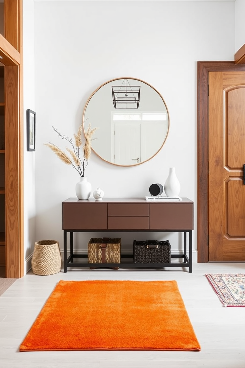 A gallery wall features an array of family photos in various frames showcasing cherished memories. The arrangement includes black and white images alongside colorful snapshots, creating a vibrant focal point in the room. The townhouse entryway is designed with a sleek console table against the wall, topped with decorative items and a stylish lamp. A large mirror hangs above the table, reflecting light and making the space feel more open and inviting.