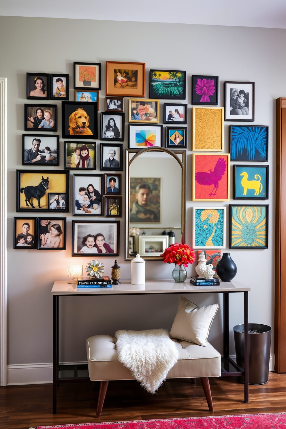 A gallery wall filled with an eclectic mix of family photos in various sizes and art pieces showcasing vibrant colors and textures. The arrangement is thoughtfully curated, creating a warm and inviting atmosphere that reflects personal memories and artistic expression. The townhouse entryway features a sleek console table adorned with decorative items and a stylish mirror above it. Soft lighting illuminates the space, while a cozy bench provides a welcoming spot for guests to sit and remove their shoes.