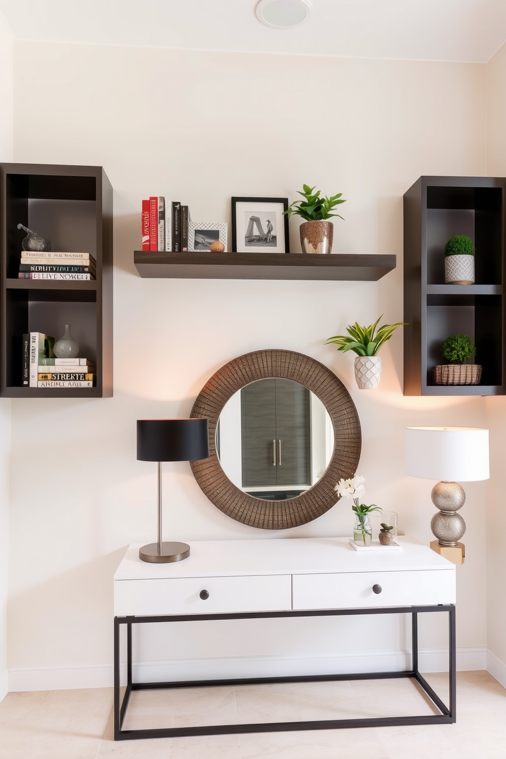 A stylish entryway featuring floating shelves that elegantly showcase decorative items such as books, plants, and art pieces. The walls are painted in a soft neutral tone, while a sleek console table sits beneath the shelves, adorned with a modern lamp and a decorative mirror.