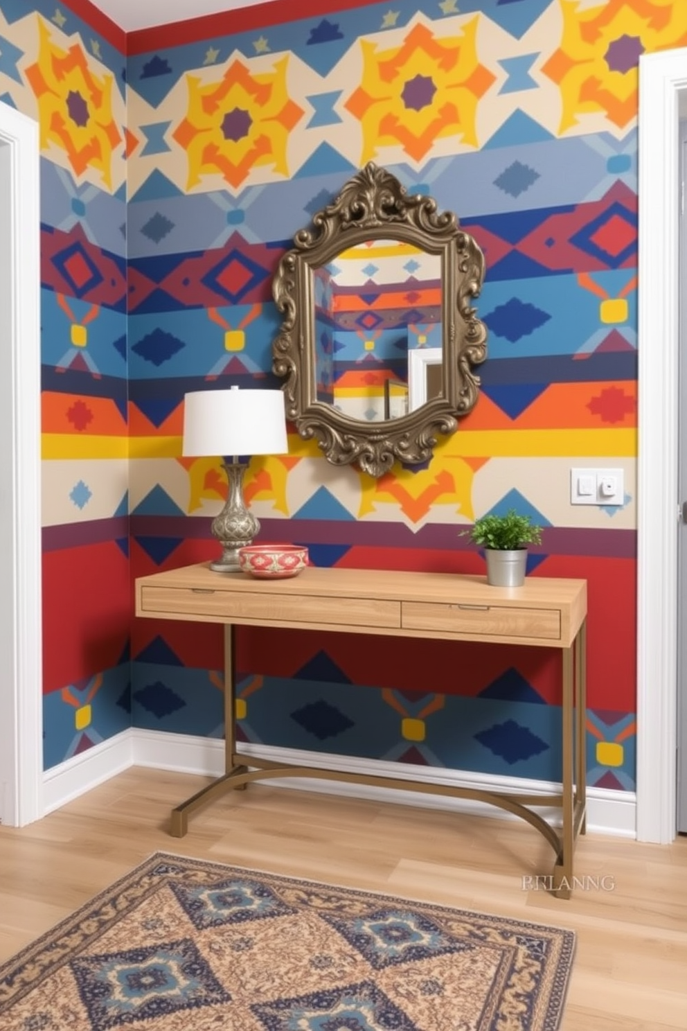 A colorful accent wall featuring geometric patterns in vibrant shades of blue, yellow, and red creates a striking focal point in the entryway. Complementing the wall, a sleek console table in a light wood finish holds a decorative bowl and a small potted plant, enhancing the inviting atmosphere. The entryway is adorned with a stylish runner rug that adds warmth and texture to the space. A statement mirror with an ornate frame hangs above the console table, reflecting the colorful wall and making the area feel more spacious.