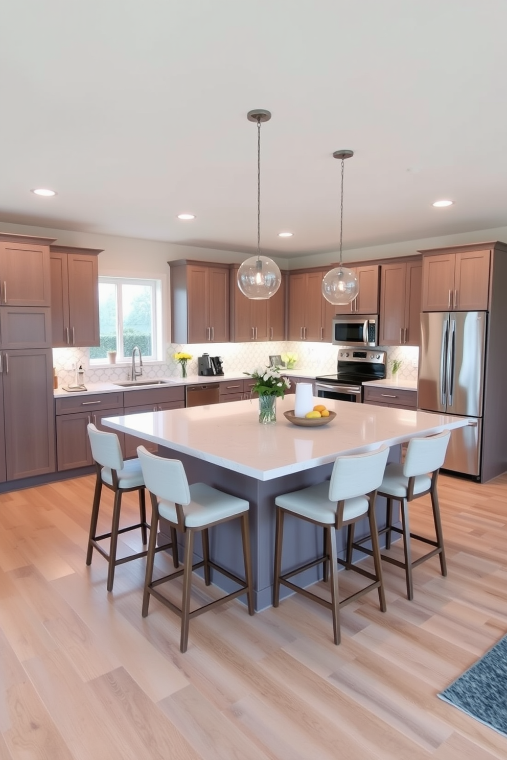 Open concept layout featuring a spacious townhouse kitchen with a large central island that includes comfortable seating for four. The kitchen is designed with sleek cabinetry, a modern backsplash, and stainless steel appliances, creating a warm and inviting atmosphere.