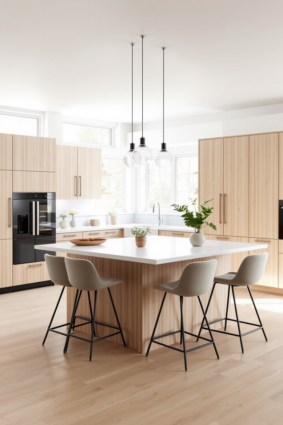 A Scandinavian inspired townhouse kitchen features light wood cabinetry with clean lines and minimalistic hardware. The open layout includes a large island with a white quartz countertop, surrounded by stylish bar stools in soft fabric. Natural light floods the space through large windows, highlighting the pale wood flooring and white walls. A mix of greenery in simple pots adds a fresh touch, while pendant lights with a modern design hang gracefully above the island.