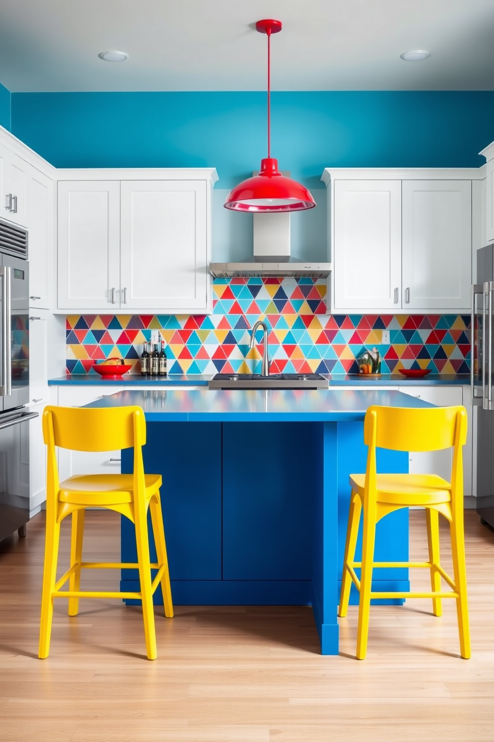 A modern townhouse kitchen featuring bold color accents throughout the decor. The cabinets are a crisp white, while the island showcases a vibrant blue hue, complemented by bright yellow bar stools. The backsplash is adorned with colorful geometric tiles that add a playful touch to the space. Pendant lights with a striking red finish hang above the island, creating a focal point in the room.