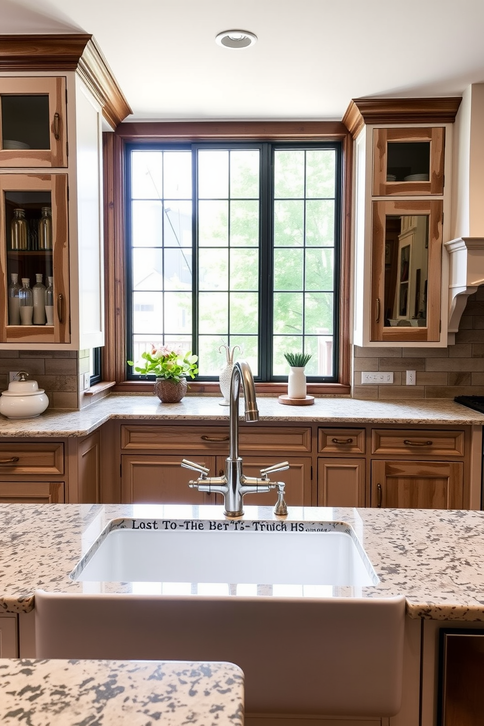 A classic farmhouse sink is the focal point of this townhouse kitchen, complemented by a sleek modern faucet that adds a contemporary touch. The cabinetry features a mix of distressed wood and clean white finishes, creating a warm and inviting atmosphere. The countertops are made of polished granite, providing a durable surface that contrasts beautifully with the rustic elements. Large windows allow natural light to flood the space, enhancing the airy feel of the kitchen.