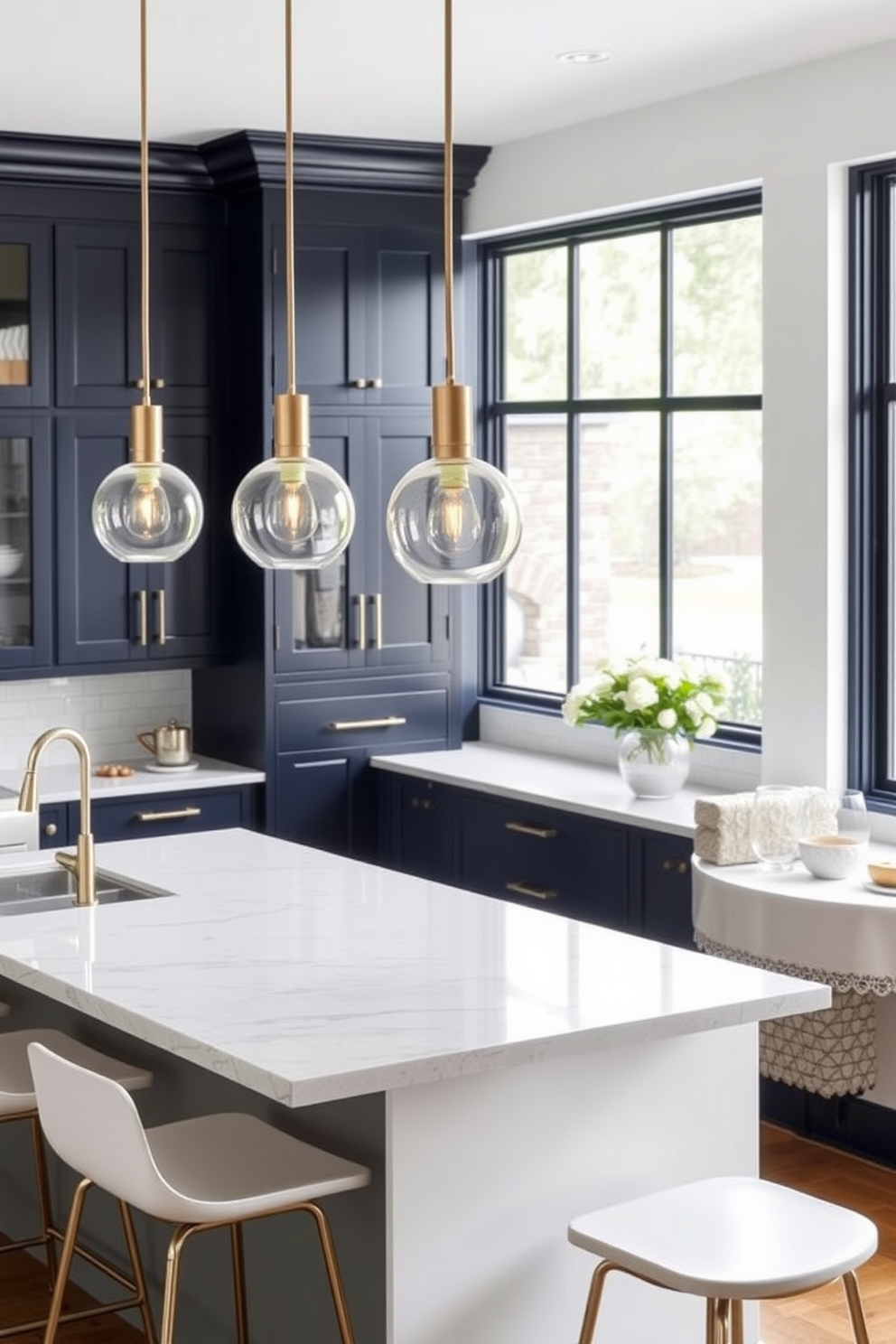 Elegant pendant lights hang gracefully above a spacious kitchen island, illuminating the area with a warm glow. The island features a sleek marble top, complemented by stylish bar stools that invite casual dining and conversation. The cabinetry is a rich navy blue, creating a striking contrast with the white subway tile backsplash. Large windows allow natural light to flood the space, enhancing the inviting atmosphere of this townhouse kitchen design.