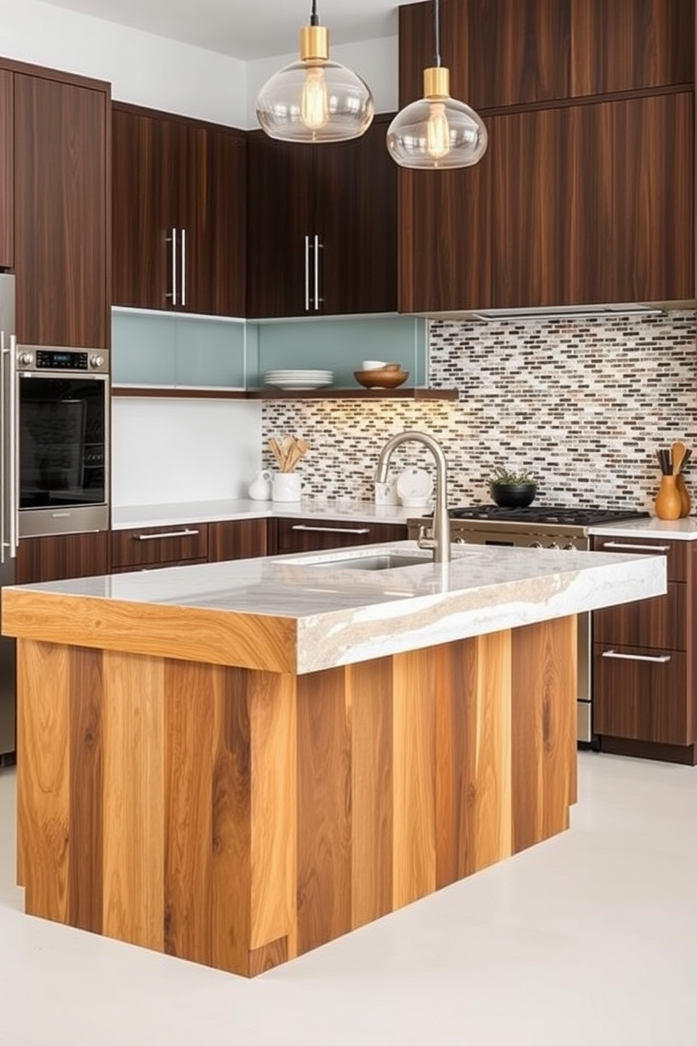 A stylish townhouse kitchen featuring a blend of mixed materials for a layered look. The cabinetry combines dark wood with sleek metal accents, while the island showcases a stunning quartz countertop paired with a rustic wooden base. The backsplash is a mosaic of colorful tiles that add personality to the space. Pendant lights with a contemporary design hang above the island, illuminating the area with warmth and elegance.