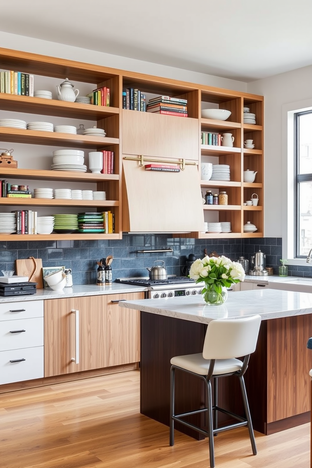 Open shelving creates an inviting and functional atmosphere in a townhouse kitchen. The shelves are filled with neatly arranged dishware, colorful cookbooks, and decorative jars, all easily accessible for everyday use. The cabinetry features a modern design with a mix of wood and white finishes, complementing the open shelving. A large island with bar stools provides additional seating and workspace, enhancing the kitchen's usability and style.