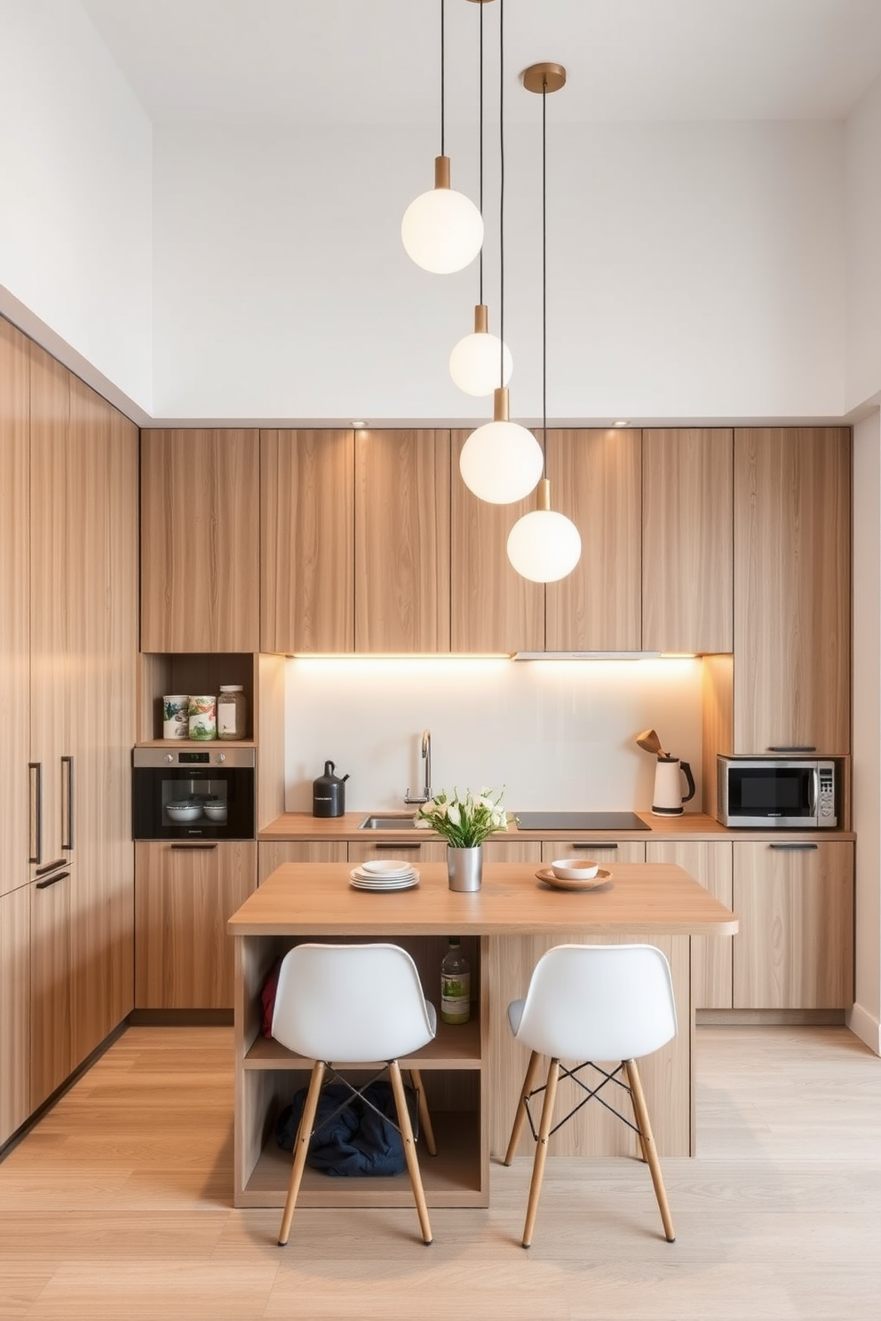 A modern townhouse kitchen featuring sleek cabinetry with under-cabinet lighting that creates a warm and inviting ambiance. The countertops are made of quartz with subtle veining, and there is a spacious island with bar stools for casual dining.