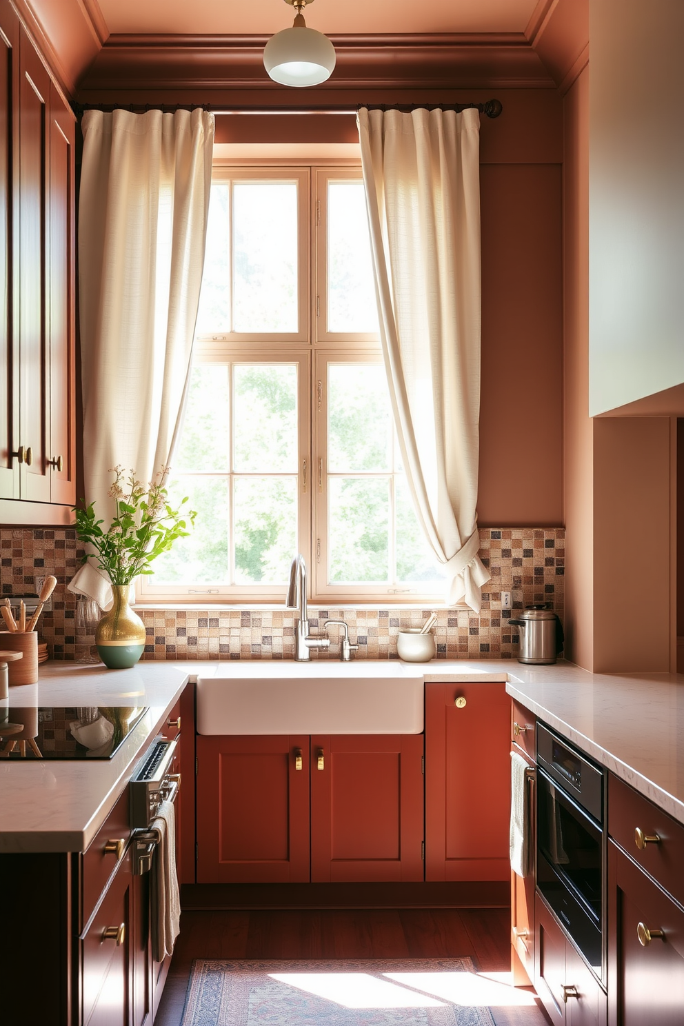 A warm and inviting townhouse kitchen featuring rich earthy tones. The cabinetry is painted in a deep terracotta hue with brass hardware, complemented by a wooden island topped with a creamy quartz countertop. Natural light streams in through large windows adorned with soft linen curtains. The backsplash showcases a mosaic of warm browns and creams, adding texture and interest to the space.