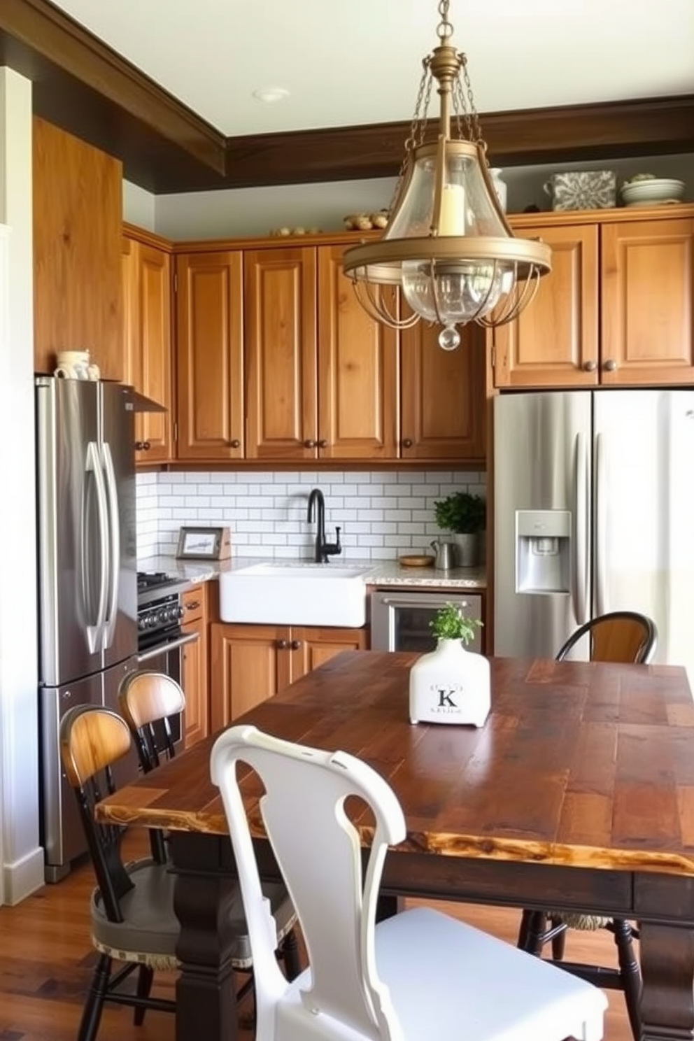 A stylish townhouse kitchen featuring modern appliances seamlessly integrated with vintage decor. The space showcases a sleek stainless steel refrigerator and a gas range, complemented by antique wooden cabinets and a farmhouse sink. The walls are adorned with classic subway tiles, while the countertops are a mix of polished granite and reclaimed wood. A vintage chandelier hangs above a rustic dining table, surrounded by mismatched chairs that add character to the room.