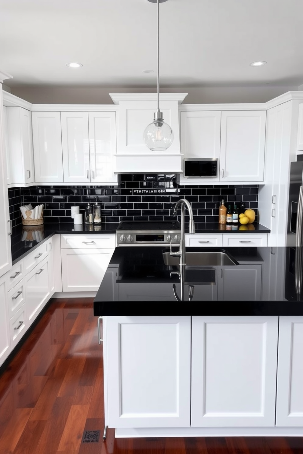 Bright white cabinets with dark countertops create a striking contrast in this townhouse kitchen. The spacious layout features a large island with bar seating, perfect for casual dining and entertaining. The backsplash is adorned with glossy subway tiles that reflect light, enhancing the airy feel of the space. Pendant lights hang above the island, adding a touch of elegance and warmth to the overall design.