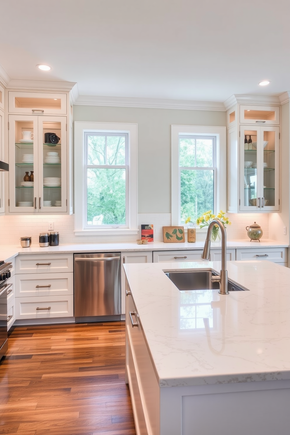 A sleek townhouse kitchen featuring contemporary fixtures with a minimalist design. The cabinetry is a glossy white with brushed nickel handles, complemented by a large island topped with a dark granite surface. Stainless steel appliances are seamlessly integrated into the cabinetry for a streamlined look. Pendant lights hang above the island, adding a warm glow to the space while enhancing the modern aesthetic.